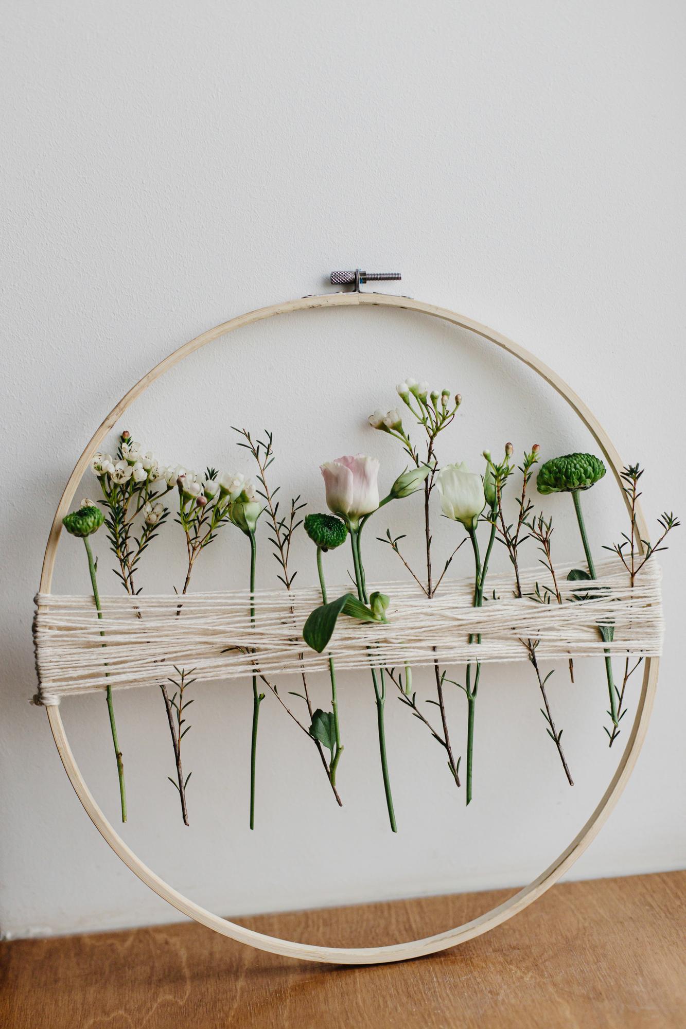 Workshop space with embroidery hoops and threads