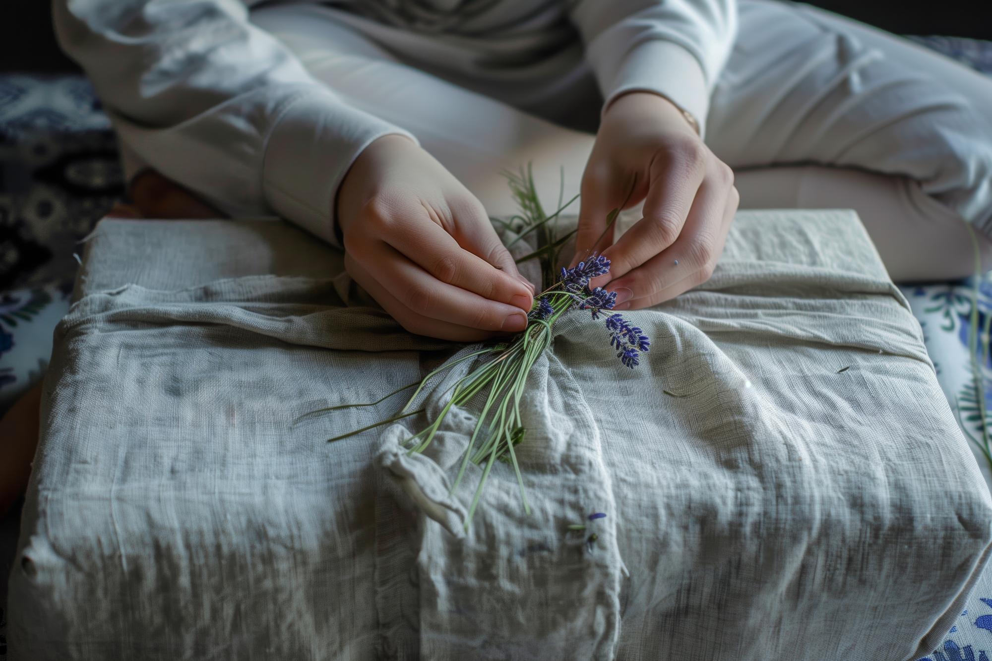 Artisan stitching on linen with natural light